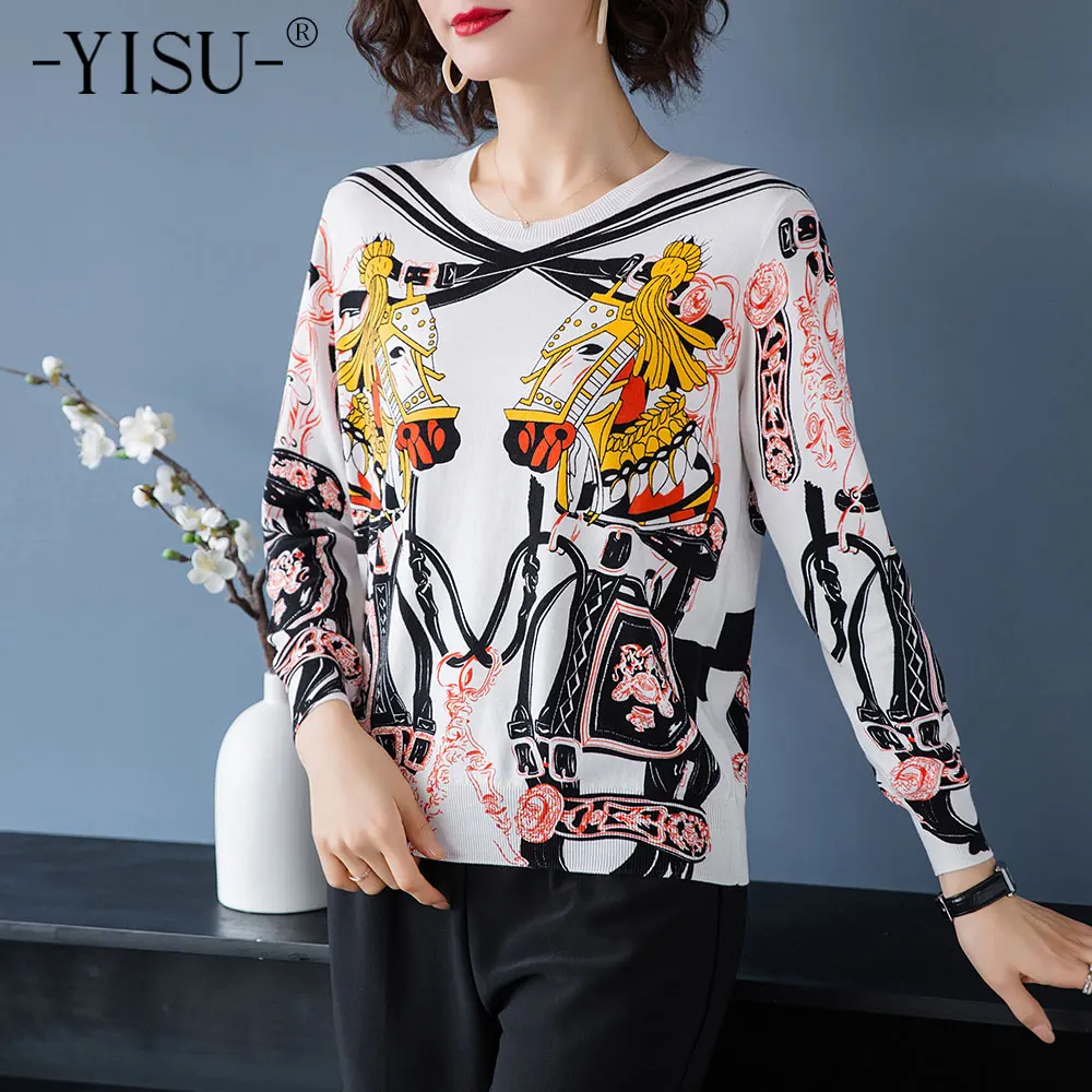 YISU Symmetrisk trykt sweater Kvinder Efterår og Vinter med Lange Ærmer O-hals Trøjer Kvinder Hest mønster Trykt strikket Sweater