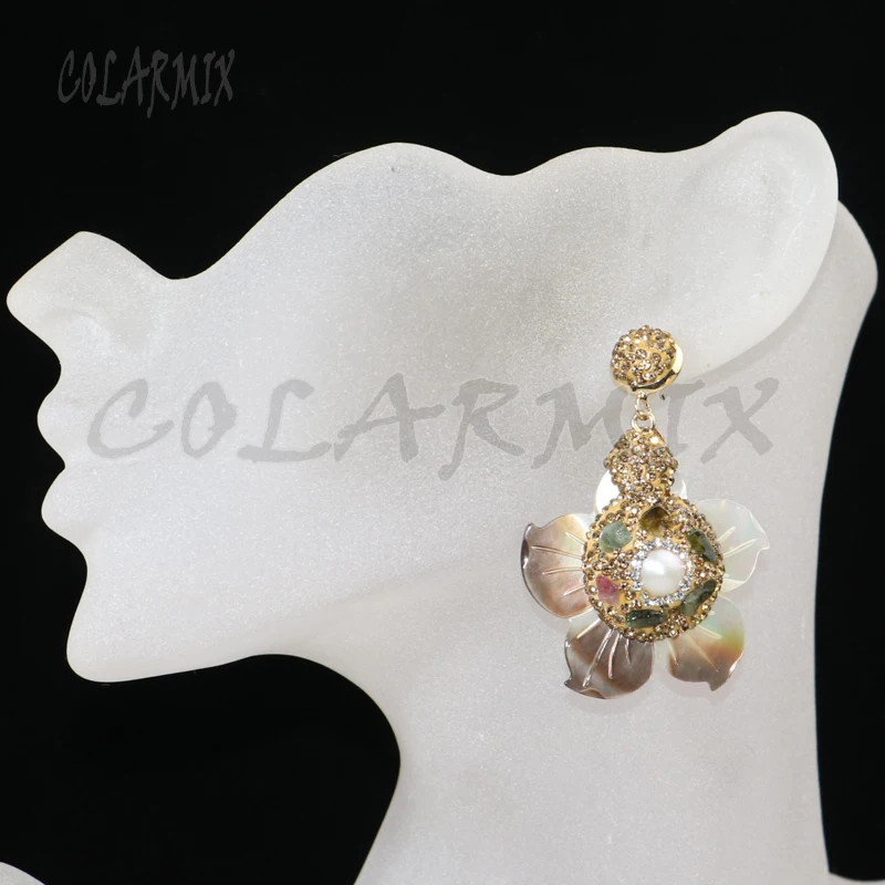 5 Par shell sten øreringe dråbe øreringe gyldne krystal tilbehør blanding af farver, sten for kvinder 8042
