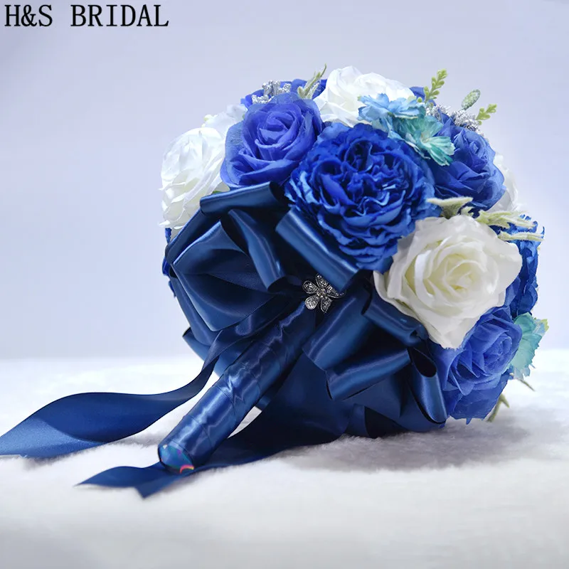 H&S BRUDE-Blå Satin Brude Buket Buket De Mariage Kunstige Vintage Bryllup Buketter Til Brude 2020 Brudepige Blomst