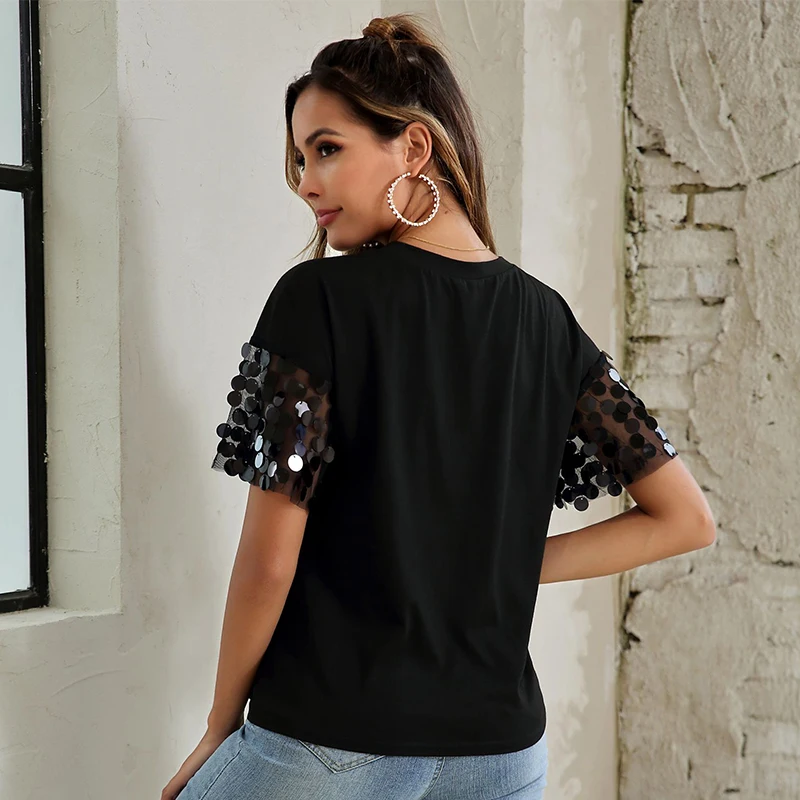 Nye sort t-shirt kvinder casual street iført sequined t-shirts til pige poleras mujer de moda 2019 kvinder fremmede shirt 50093