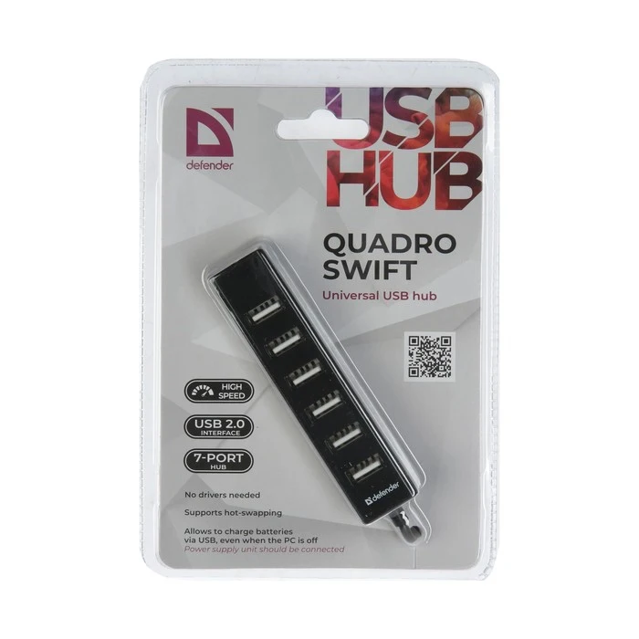 Splitter Defender Quadro Swift USB2.0, 7 porte, kabel-0,6 m, sort 4991476