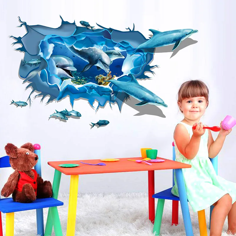 Tegneserie 3D Blue Dolphin Wall Stickers Decal Badeværelse Børnehave Stickers Kids Stue Loft, Tapet Hjem-Gulvtæppe Indretning