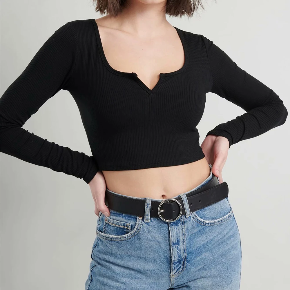 Sexy V Hals Strikket Ribbet Beskåret T-Shirts Kvinder Med Lange Ærmer Casual T-Shirt, Top Koreansk Stil Slim Kort Tees Tøj Falde 2020