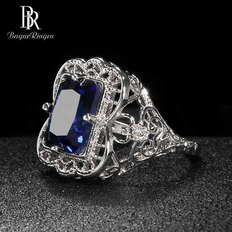 Bague Ringen Palace hul mønster Ring for Kvinder Geometri Safir Sølv 925 Smykker 9*12mm Gemstone Elegant Temperament Gave