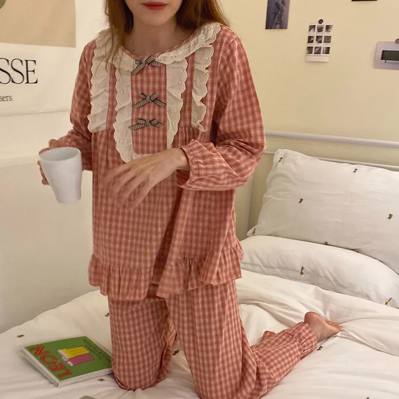 Prinsesse Stil Kvinder Pijamas Vintage Bue Søde Plaid Nattøj Sæt O-hals Lange Ærmer Tops+Bukser Jacquard Lolita Homewear S928