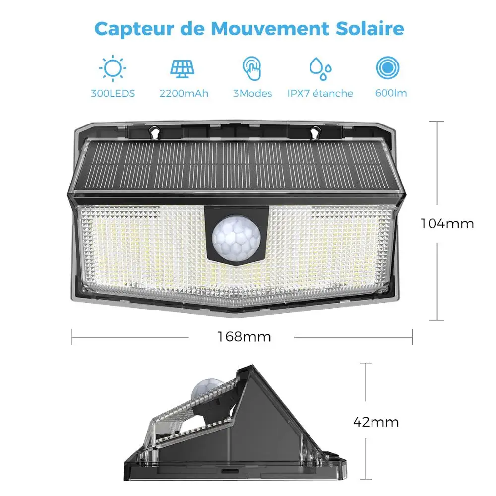 LITOM 300 LED Solar Belysning Udendørs væglampe IP67 Vandtæt Opdatering Motion Sensor Lys 3 Intelligent Tilstande Trådløse Lys