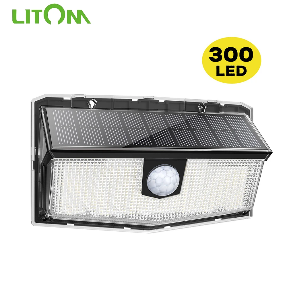 LITOM 300 LED Solar Belysning Udendørs væglampe IP67 Vandtæt Opdatering Motion Sensor Lys 3 Intelligent Tilstande Trådløse Lys