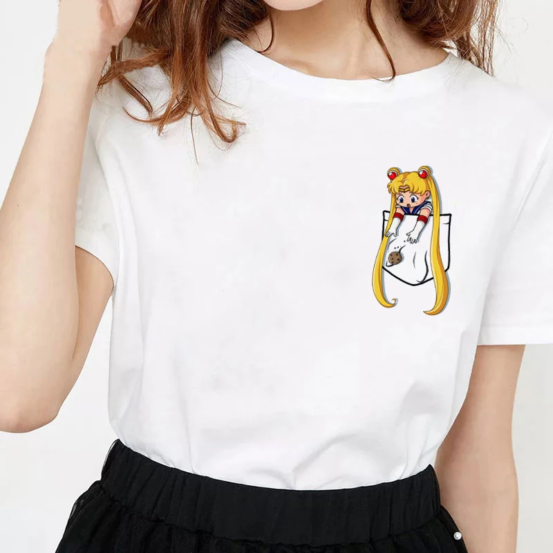 Harajuku Sailor Moon T-Shirt Nye Mode Mønster Streetwear Toppe Løs, Kortærmet Kvinder Tshirt Kawaii Print Par Tøj