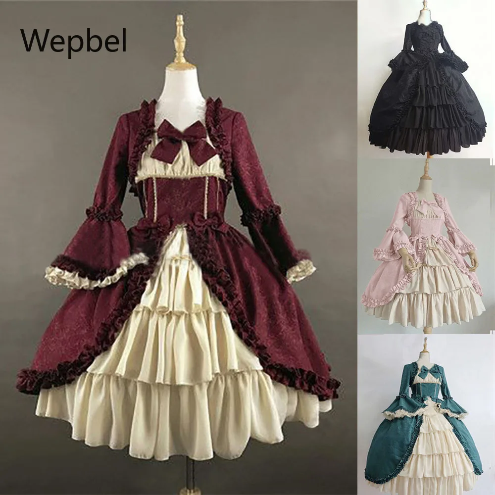 Wepbel Vintage Gotiske Retten Kjole Bow Lolita Kjoler Middelalderlige Torv Collar Tætsiddende Syninger Plus Size Flæse Kjole
