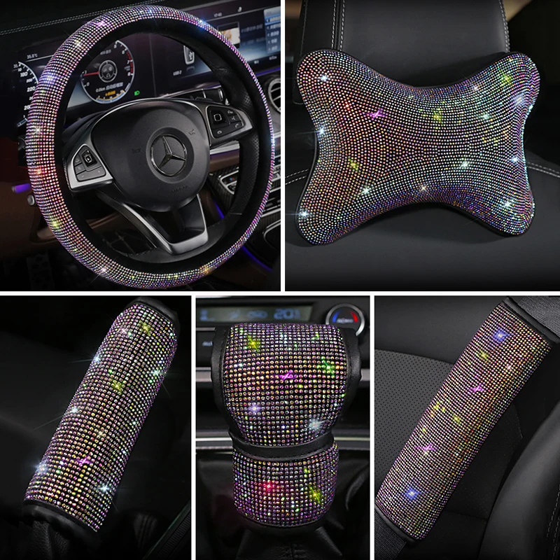 Crystal Rhinestones Farverige Luksus Bil sikkerhedssele dække pad Steering wheel dække tissue box Auto Interiør Tilbehør