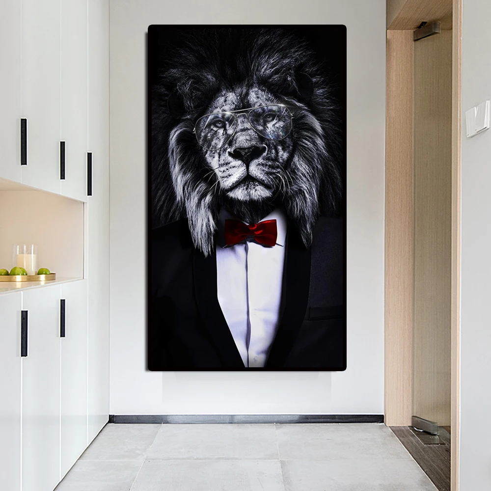 Sort Vilde Løve I En Dragt, Ryger En Cigar Lærred Maleri Plakater og Prints Væg Kunst Billede til stuen Home Decor Cuadros