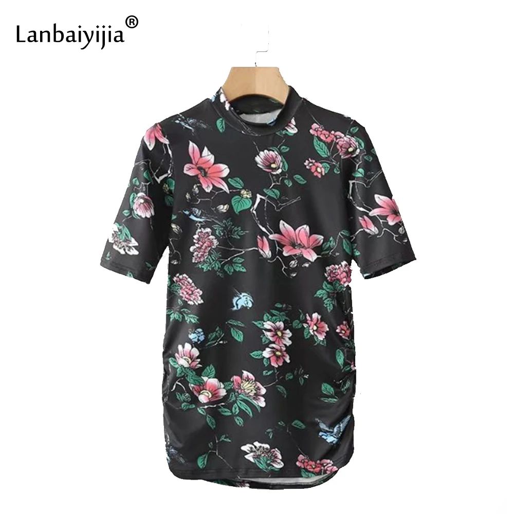 Lanbaiyijia Nyeste Kvinder T-shirt kortærmet Sommer tee Print Blomster Shirt Stå Krave Fold sømmen Kvinder t-shirt Hot toppe