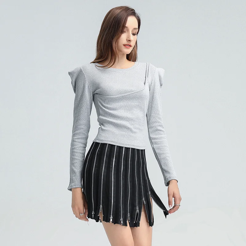TWOTWINSTYLE Elastisk Casual Falske To Toppe For Kvinder O-Hals Lange Ærmer Patchwork Slim T-Shirts Kvindelige Mode Nye 2020-Efterår