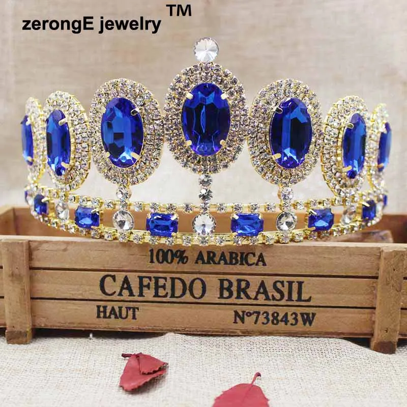 ZerongE smykker 3.4 tommer strålende royal blå sten farve peacock tiara guld festspil hår tiara krone for kvinder begivenhed dekoration