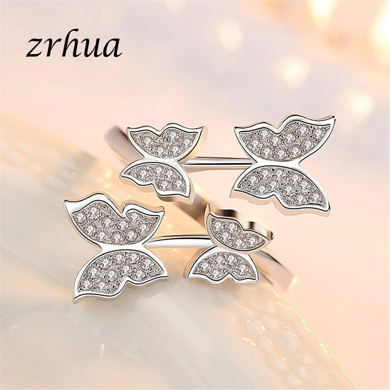 ZRHUA Kvindelige Sommerfugl Ring Stilfuld Sølv 925 Originale Smykker Elegante AAA+ Zircon Anillos for Kvinder Bryllup Engagement