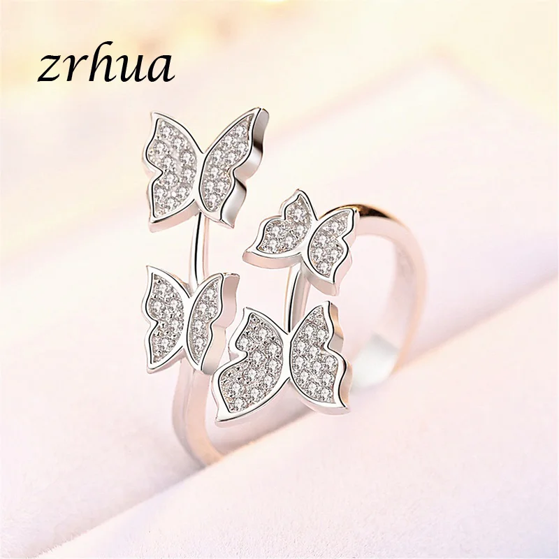ZRHUA Kvindelige Sommerfugl Ring Stilfuld Sølv 925 Originale Smykker Elegante AAA+ Zircon Anillos for Kvinder Bryllup Engagement