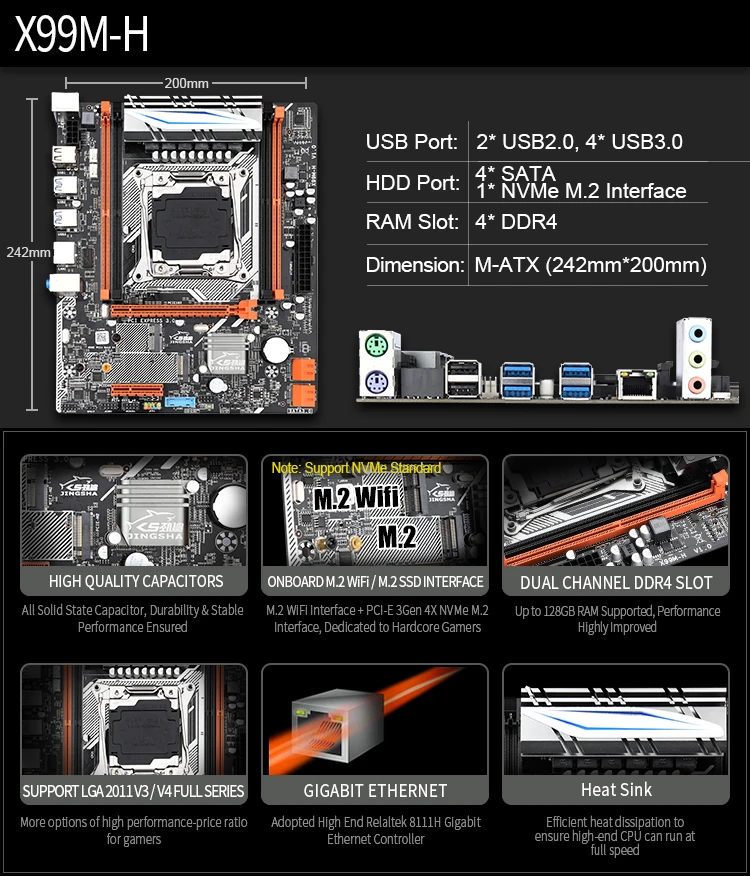 Jingsha X99 M-ATX Desktop Bundkort LGA 2011-v3 E5 v3 CPU DDR4 RAM Understøtter 2678V3 2620 V3 støtte SSD M. 2 SATA 3.0 PCIE 16X