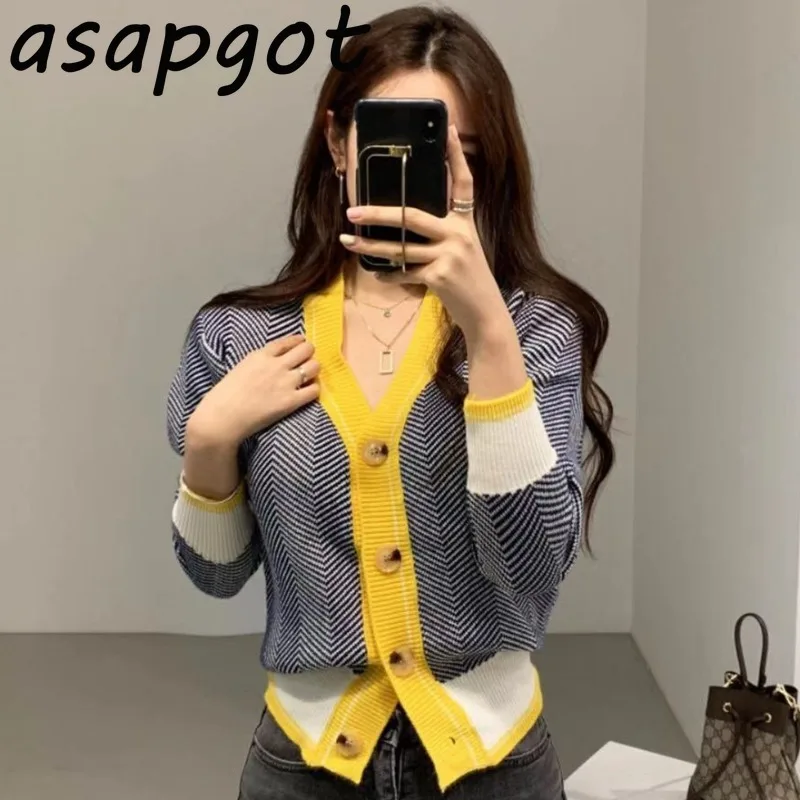 Asapgot Efteråret Strikket Top Kvindelige koreanske Smarte Vintage Wild Hit Farve V-hals langærmet Sweater Kvinder Slank Pels Varm Cardigan