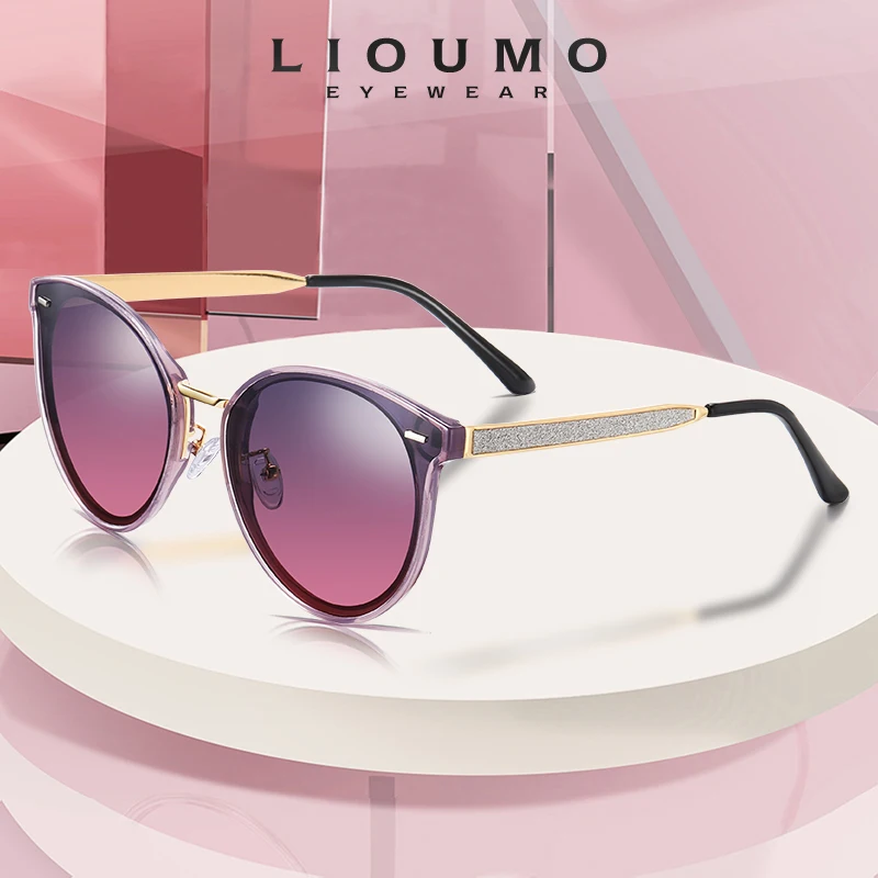 LIOUMO Runde Solbriller, Polariserede Kvinder Cat Eye solbriller Vintage Trendy Nuancer Gradient Anti-Blænding lunette de soleil femme