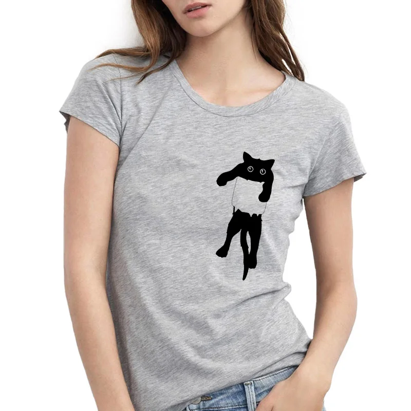 Bryst Lomme Cat T-Shirt Dyr Kopiere Design Toppe Kvinder Enkel Sommer Kortærmet Skjorte Løs Cotton Crewneck Tee
