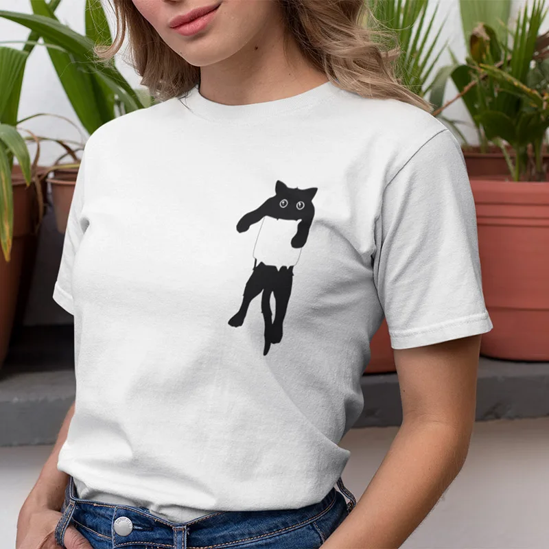 Bryst Lomme Cat T-Shirt Dyr Kopiere Design Toppe Kvinder Enkel Sommer Kortærmet Skjorte Løs Cotton Crewneck Tee