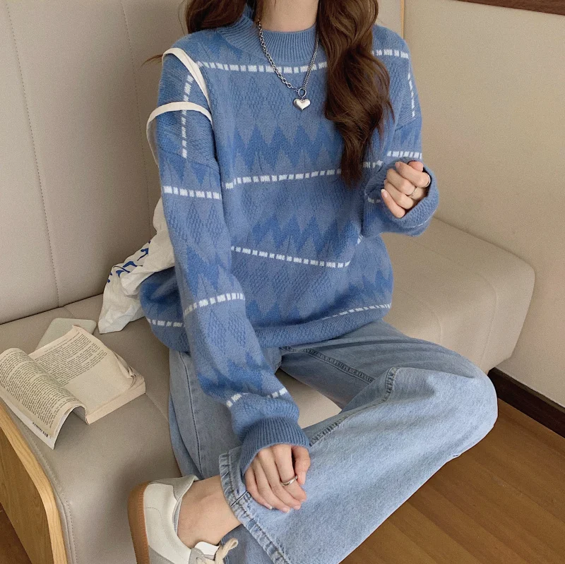 Koreansk Mode Jumper Kvinder 2021 Foråret Vintage Geometic Argyle Lange Ærmer Strikket Blød Uld Sweater Overdimensionerede Pullover T560
