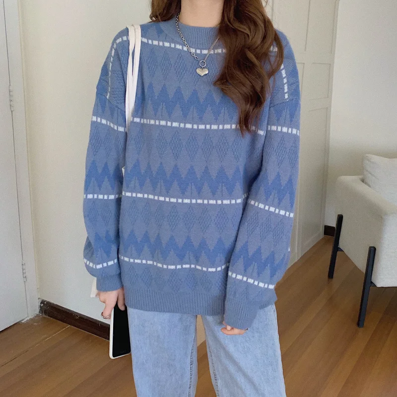 Koreansk Mode Jumper Kvinder 2021 Foråret Vintage Geometic Argyle Lange Ærmer Strikket Blød Uld Sweater Overdimensionerede Pullover T560