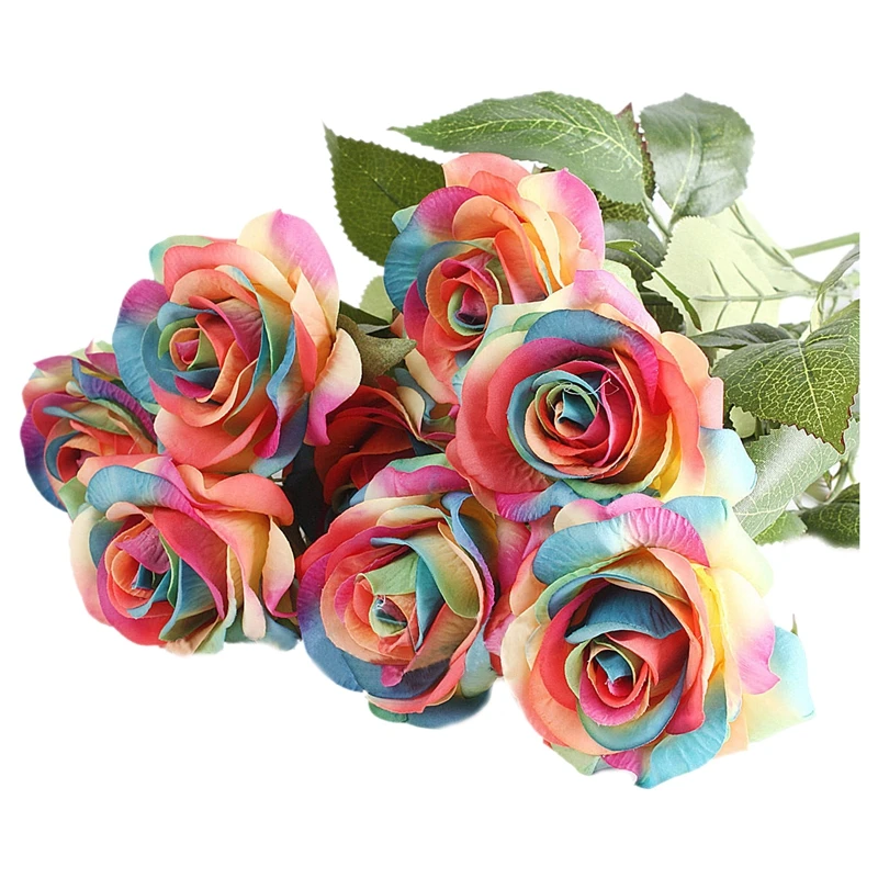 10 stk Latex Rigtige Touch Steg Indretning Steg Kunstige Blomster, Silke Blomster Bryllup Buket Blomster(Regnbuens farver)