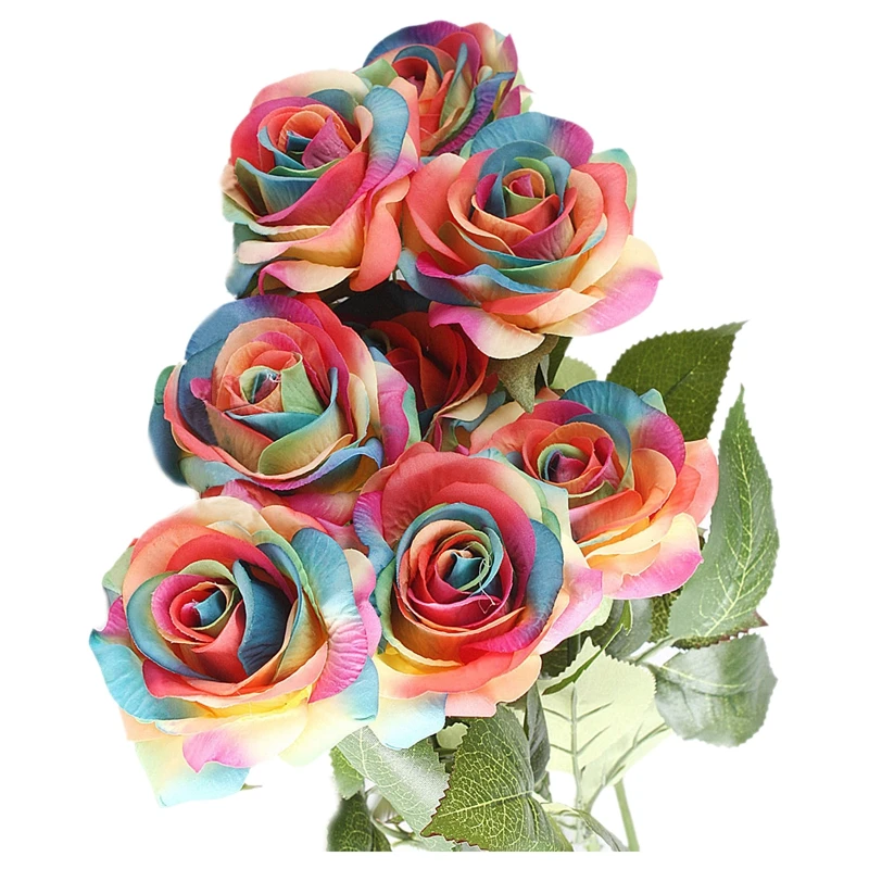 10 stk Latex Rigtige Touch Steg Indretning Steg Kunstige Blomster, Silke Blomster Bryllup Buket Blomster(Regnbuens farver)