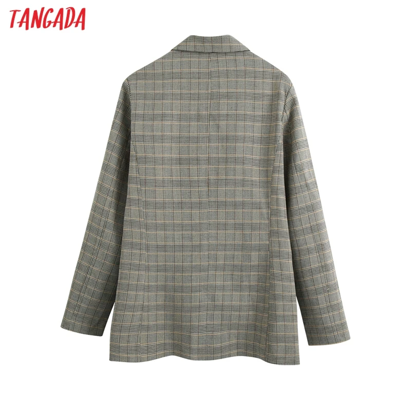 Tangada 2020 kvinders sæt grå plaid casual blazer passer til 2 delt sæt kvindelige dobbelt breasted jakke damer blazer Bukser Sæt BE126