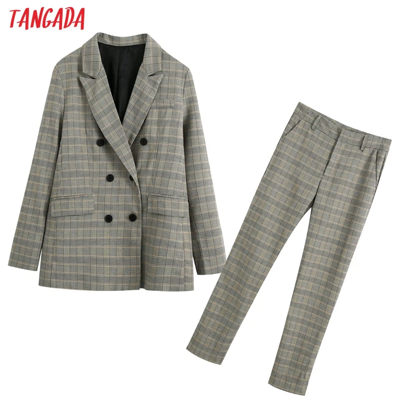 Tangada 2020 kvinders sæt grå plaid casual blazer passer til 2 delt sæt kvindelige dobbelt breasted jakke damer blazer Bukser Sæt BE126