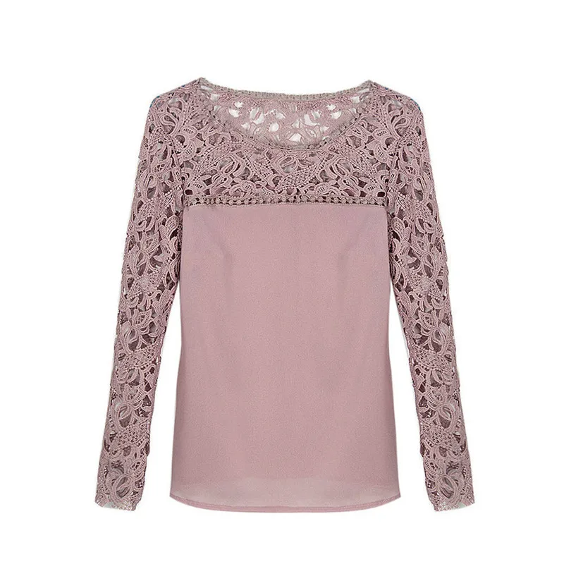 Dame Toppe Og Bluser, Mode Langærmet Hule Ud Lace Tops Vintage Damer Toppe Koreanske Bluse Shirt Afslappet Tøj Pink