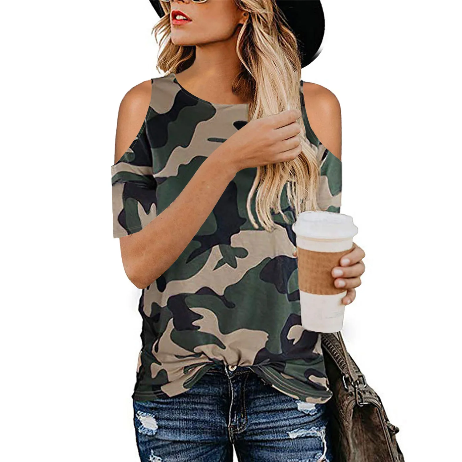2020 ny eksplosion modeller kvinder leopard camouflage camouflage knude stropløs kort-langærmet T-shirt til kvinder