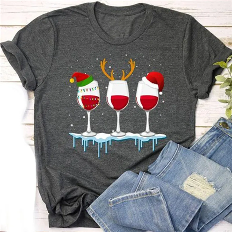 Kvinder Jul T-Shirt Sjove Jul Vin Glas Santa Kløer Trykt Løs T-Shirt Kort Ærme, Sød Tees Kvindelige Grafisk Toppe