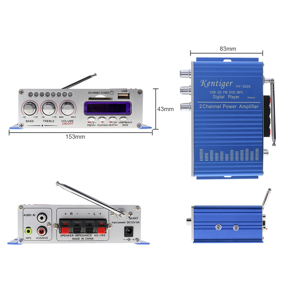 HY502S Bluetooth Car Power Forstærker Stereo Sound Mode HiFi 2-Kanals Mini FM-Lyd + MP3 Højttaler Musik Afspiller HY-502S