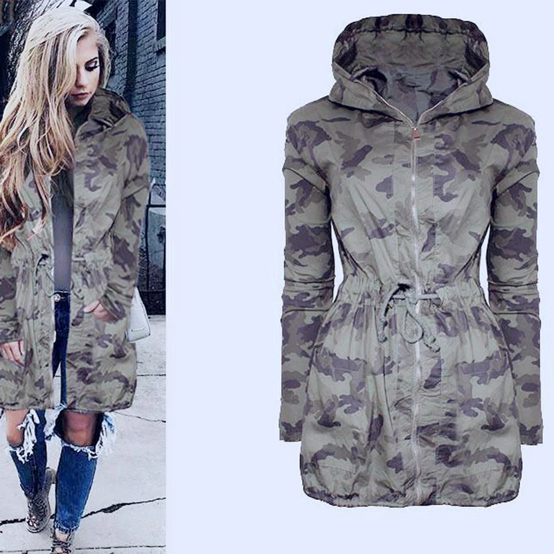 Kvinders Afslappet Lang Hooded Coat Jakke Løs Lynlås Army Camouflage Outwear Streetwear