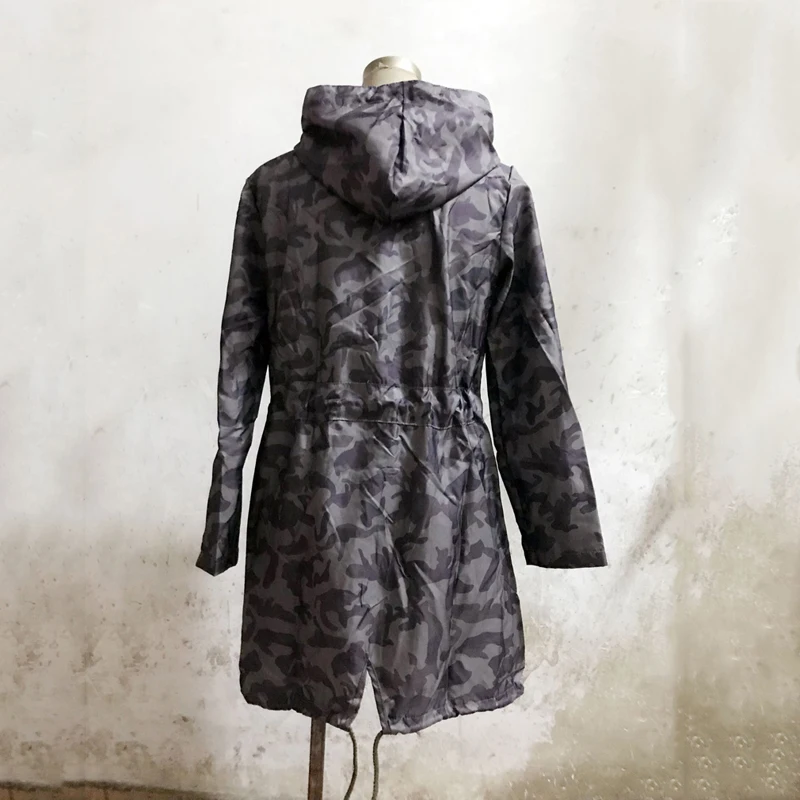 Kvinders Afslappet Lang Hooded Coat Jakke Løs Lynlås Army Camouflage Outwear Streetwear