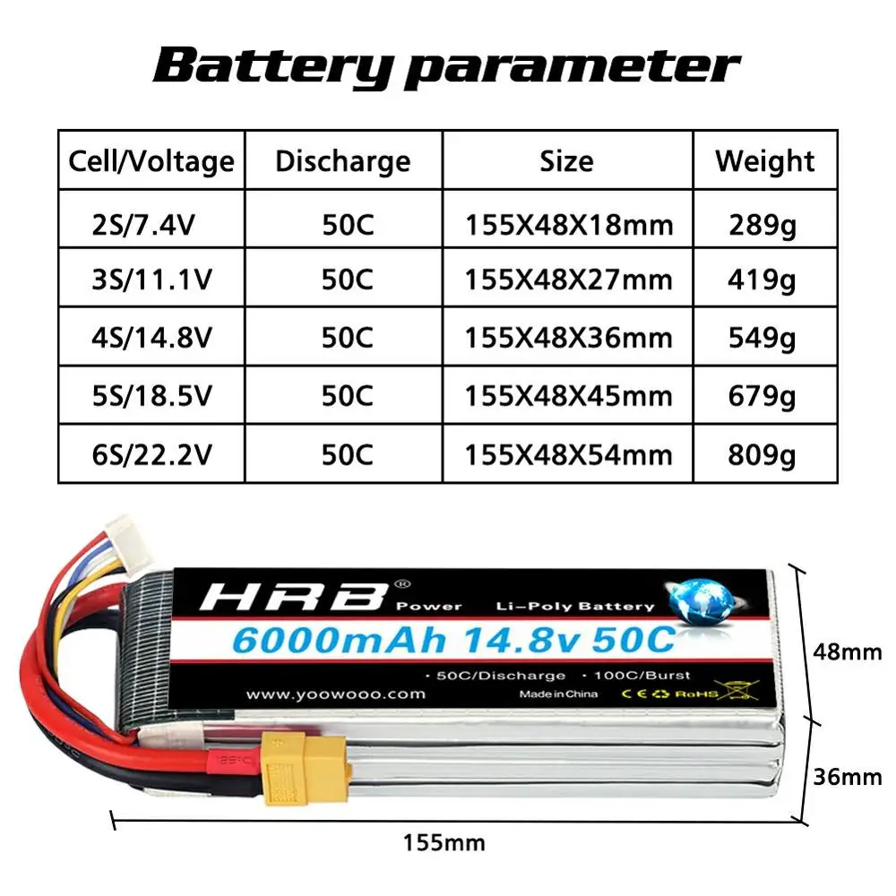 HRB LiPo Batteri-3S-4S-6000mAh 11.1 V 14,8 V 22.2 V RC 50C Lipo For Traxxass RC Bil rc båd, Fly, Helikopter, Båd 450 500 550E