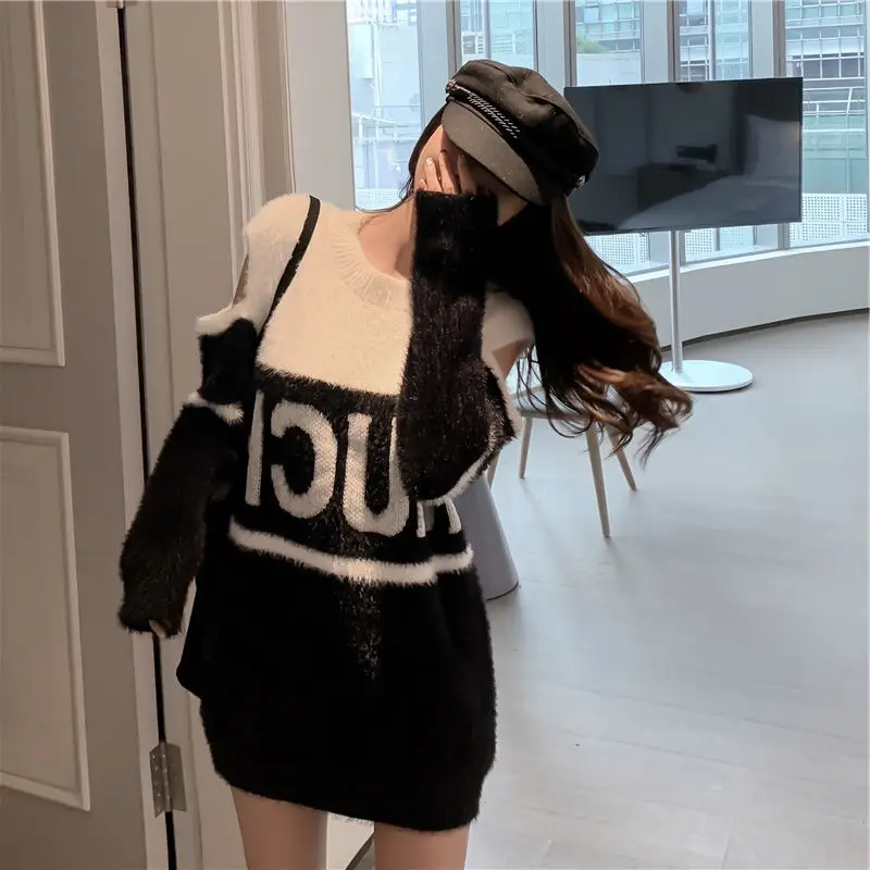 2020 Efteråret off-Shoulder Mink Velvet Overdimensionerede koreanske Kvinder Sweater Kjole Løs Damer High Street Strikke Jumper Plus Størrelse