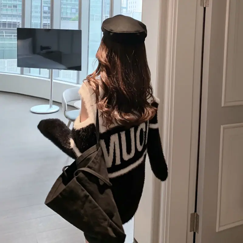 2020 Efteråret off-Shoulder Mink Velvet Overdimensionerede koreanske Kvinder Sweater Kjole Løs Damer High Street Strikke Jumper Plus Størrelse