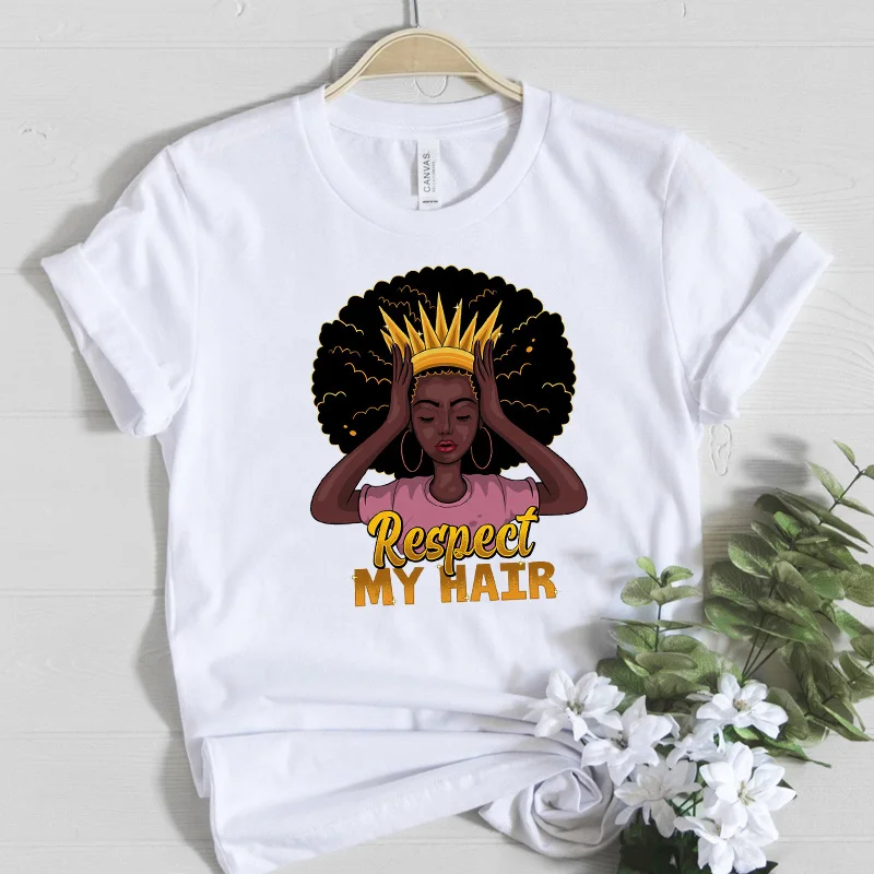 Respekt Mit Hår Kvindelige T-shirt Melanin Poppin Bomuld t-shirt til Kvinder Tøj, Sorte Afrika Pige Bære Golden Crown Graphic Tee Shirt
