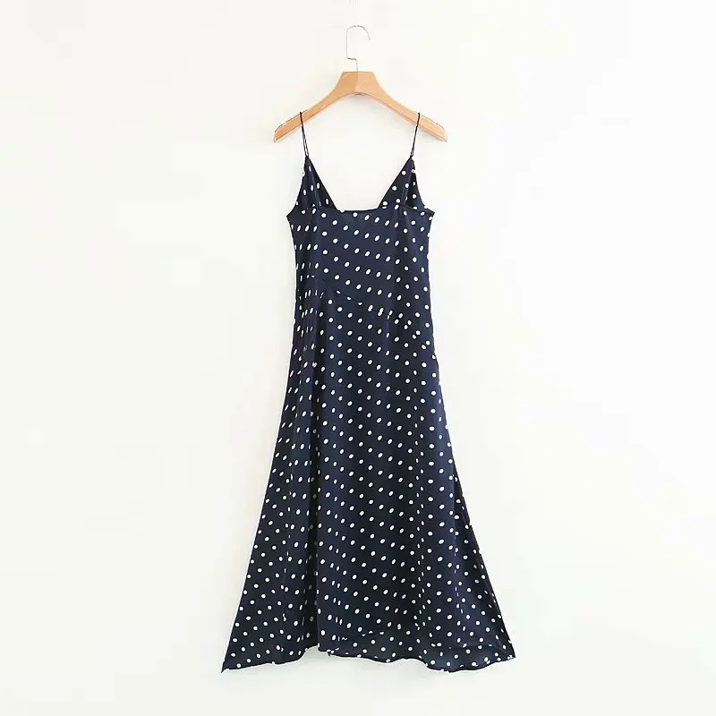Elegante prik sommer kjole spaghetti strop v hals satin chiffon ærmer mid-kalv høj talje gravid blue split strand kjole