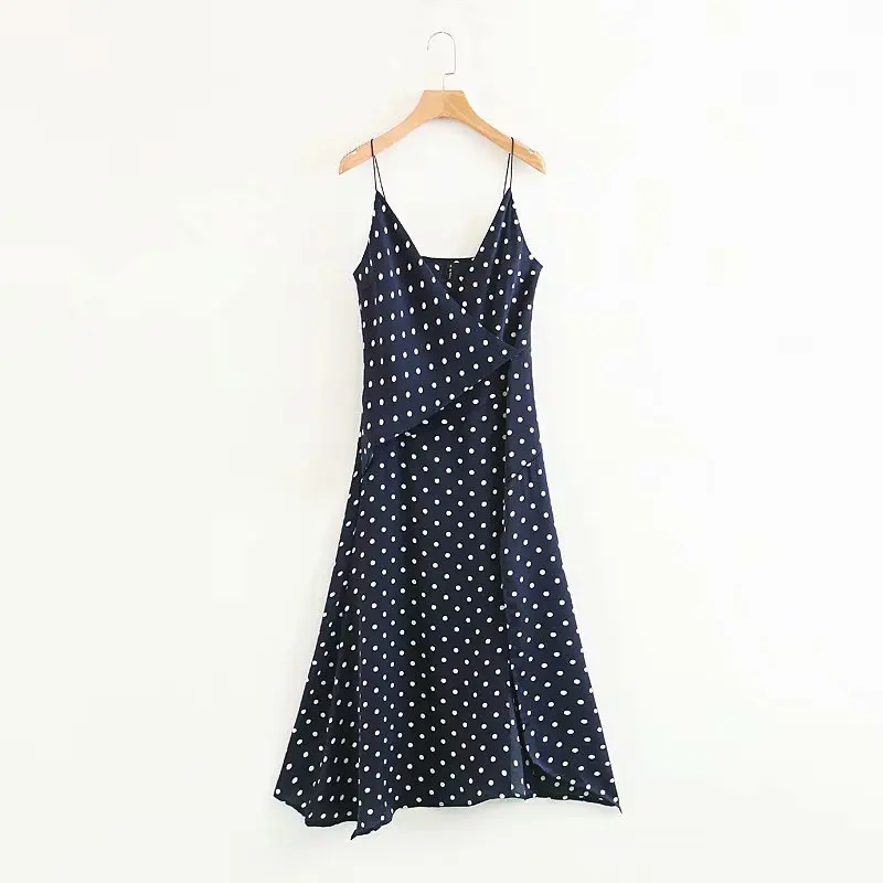 Elegante prik sommer kjole spaghetti strop v hals satin chiffon ærmer mid-kalv høj talje gravid blue split strand kjole