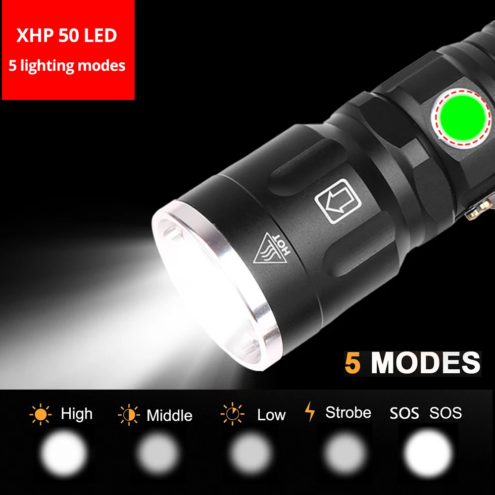 Super lyse XHP50 LED Lommelygte Vandtæt 5 belysning tilstande Zoomable Fakkel Bruge 18650 eller 26650 batteri til udendørs eventyr