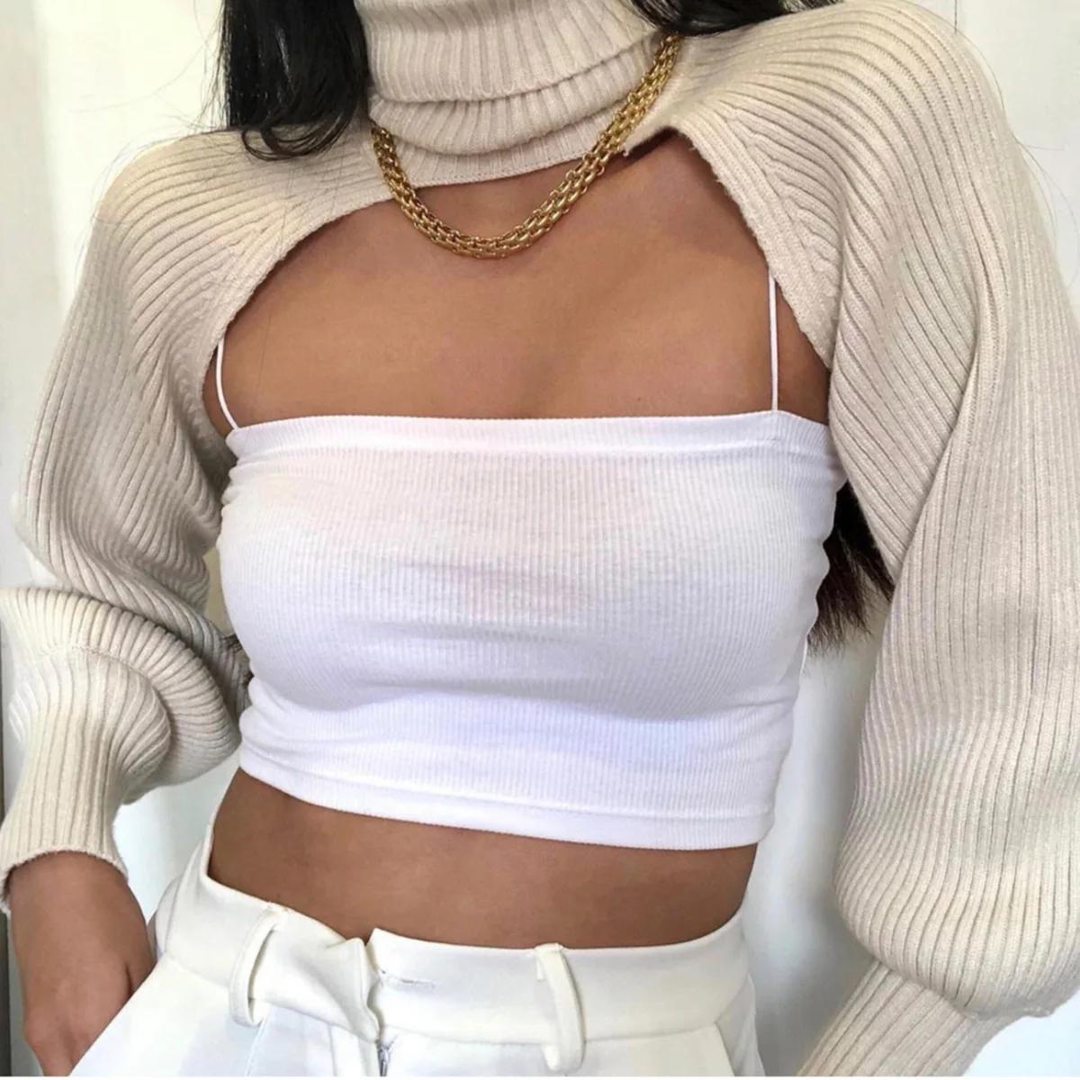 Kvinder Sweater Kvinder Sweater Mode Elegant ensfarvet Høj Krave Lange Puff Ærmer Strik Pullover til Kvinder 2020 Nye Hot
