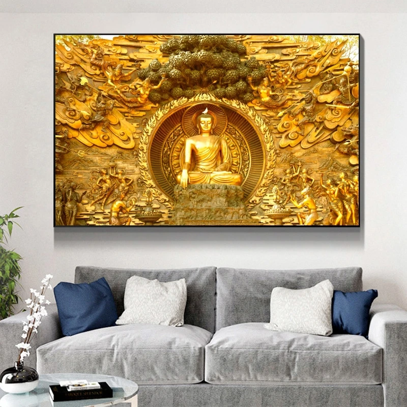 Golden Herren Buddha oliemalerier på Lærred Religiøse Plakater og Prints Cuadros Væg Kunst, Billeder, Stue Indretning