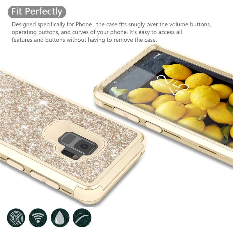 GrandEver 3-I-1-Hårdt Etui Til Samsung Galaxy S9 Plus Note 8 9 10 20 Ultra Bling Bling Cover Kofanger Glitter Full Body Beskyttelse