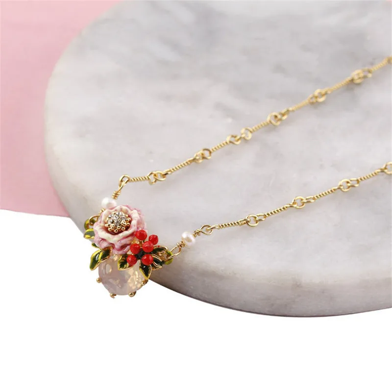 Ny stil malet glasur, emalje blomst halskæde kvindelige ferskvandsperle bambus kæde niche design kravebenet kæde