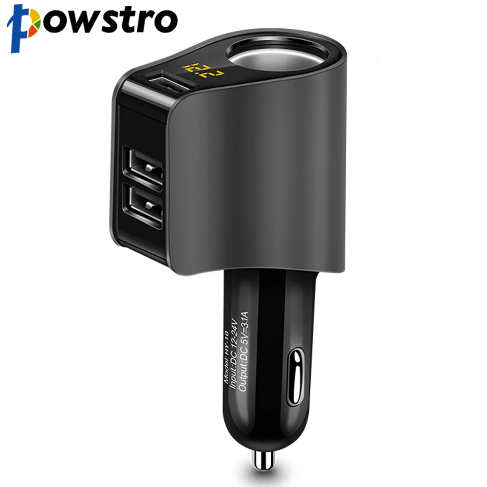 POWSTRO HY10 3.1 3 USB-Hurtig Opladning Bil Oplader Adapter med Volmeter Cigarettænder Stik til DC 12-24V