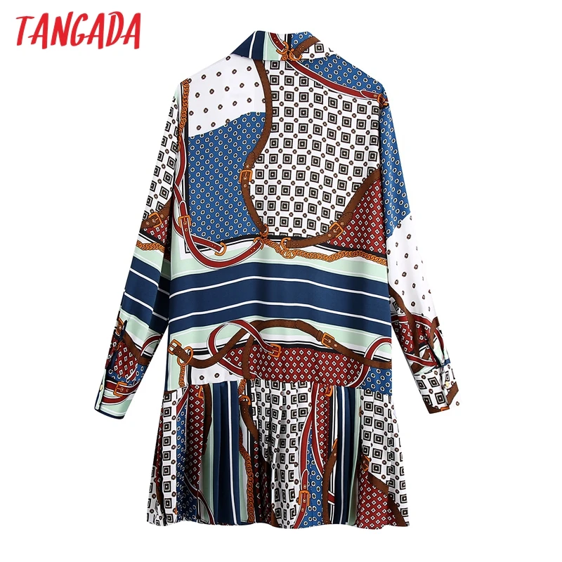 Tangada 2020 Chic Mode Kvinder Kæde Print Plisserede Shirt Kjole Vintage Lange Ærmer Knapper Kvindelige Korte Kjoler BE338